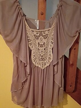 Studio Y Taupe Chiffon Top with Crochet Trim